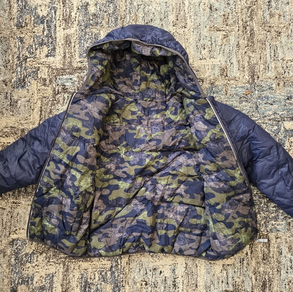 Hanna Andersson Warmest Down Reversible Puffer Coat 140 US 10 Hooded Camo Navy - Picture 2 of 4